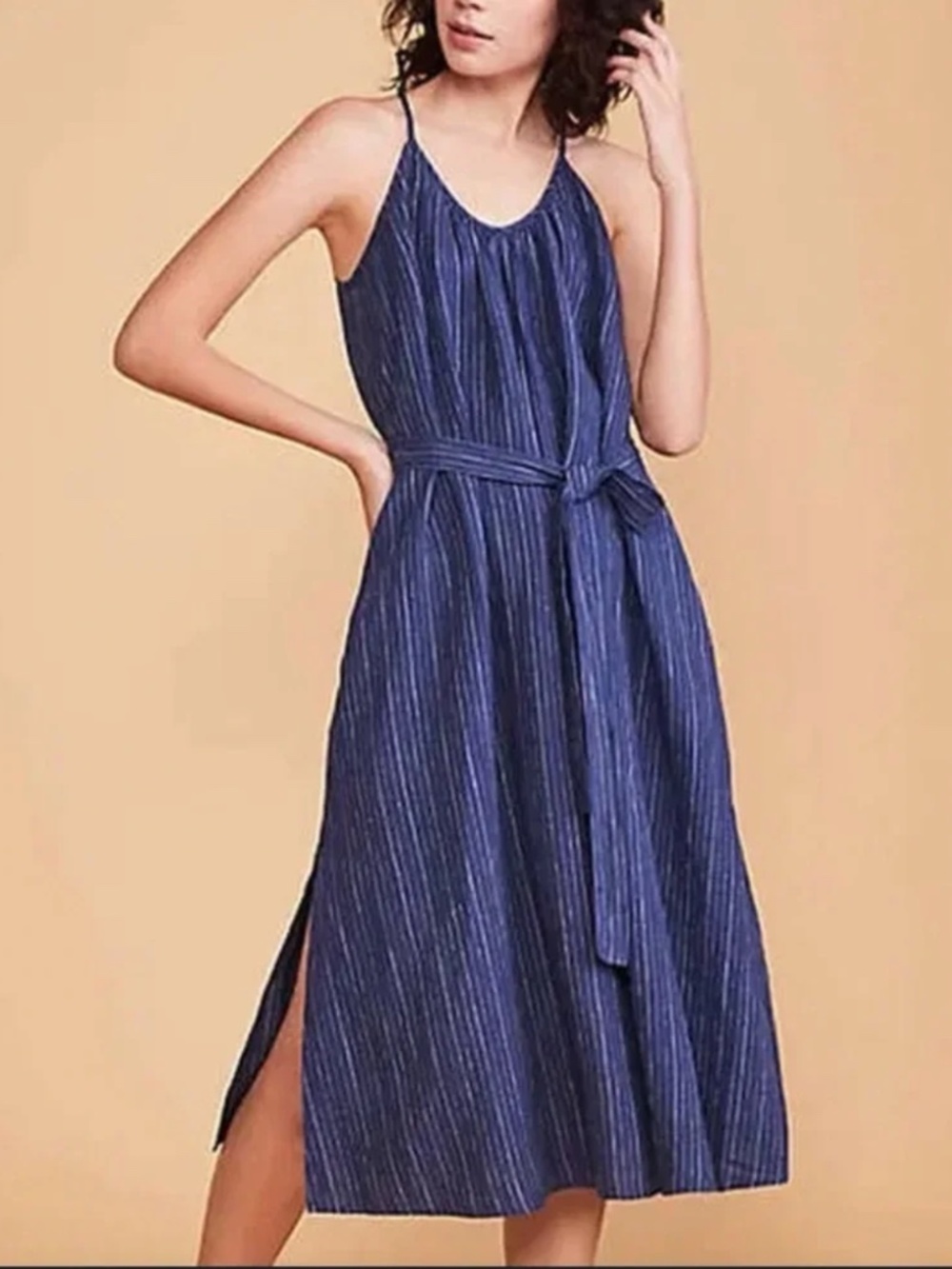 Lou & Grey Blue Striped Maxi Linen Dress, XS, NWOT